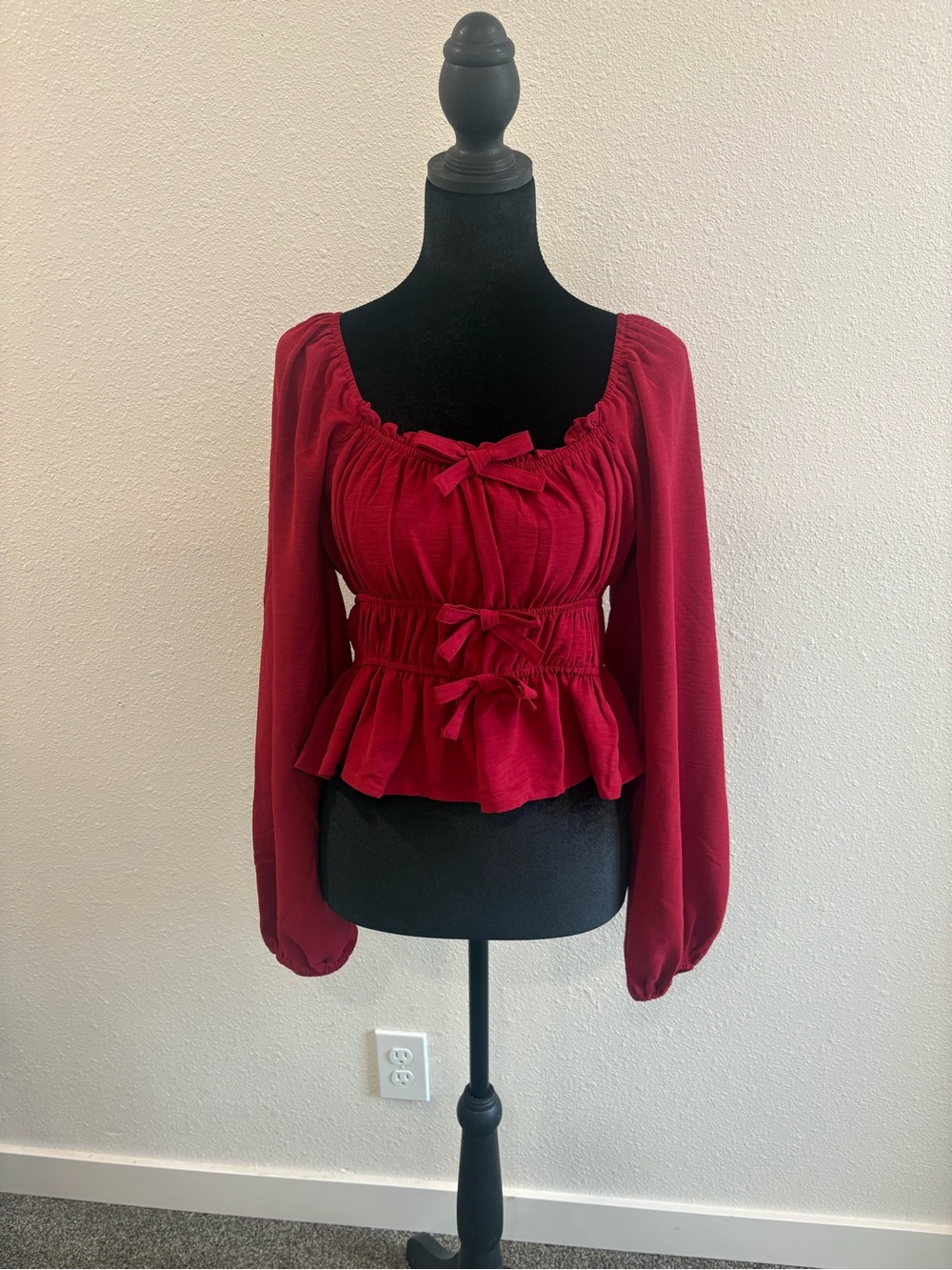 Red Long Smocked Sleeve Peplum Blouse with Bow Accents